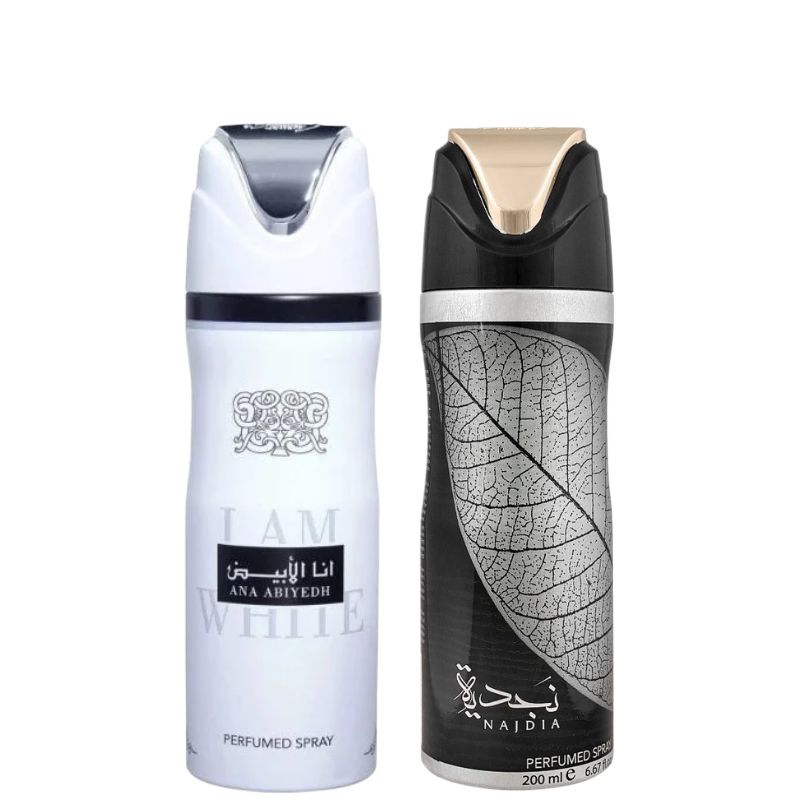 Ana Abiyedh I am white Deodorant Spray 200ml + Najdia Deodorant Spray 200ml by Lattafa (Pack of 2)