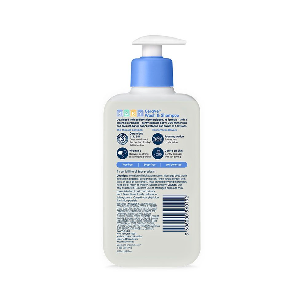 CeraVe Baby Wash & Shampoo 237 ml rear label, UPC 3606000560192