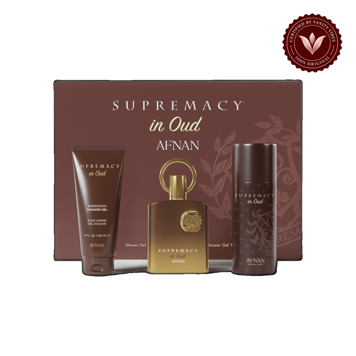 Afnan Supremacy In Oud Gift Set,For Men & Women, Extrait de Parfum 100ml / Shower gel 150ml / Perfume Deo Spray 150ml — alternate product view, transparent background