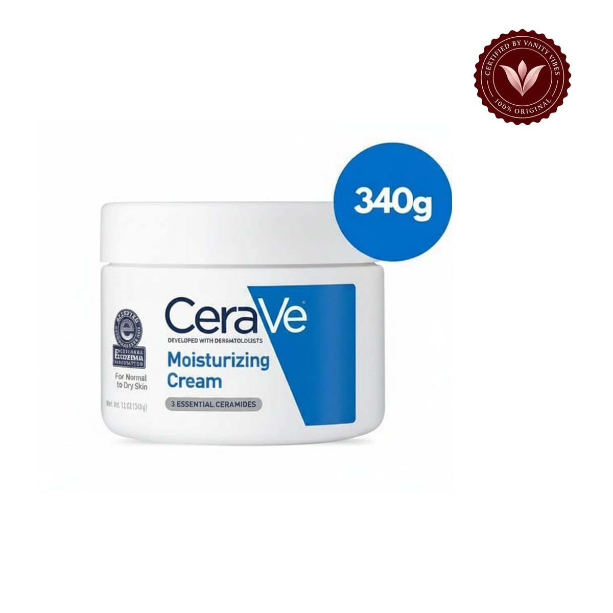 CeraVe Moisturizing Cream 340g jar with Vanity Vibes badge