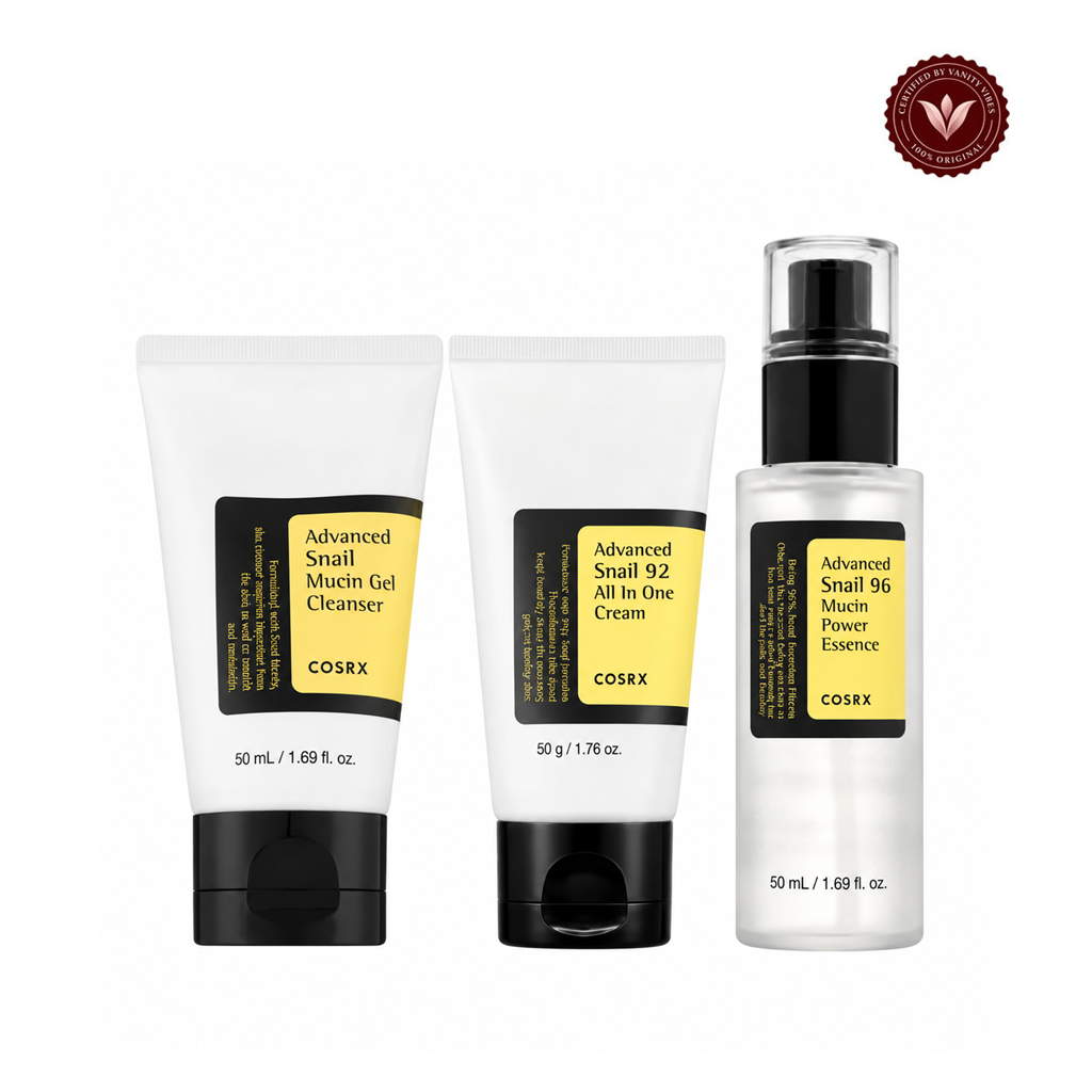 COSRX Mini Snail Mucin Trio set on white with Vanity Vibes seal