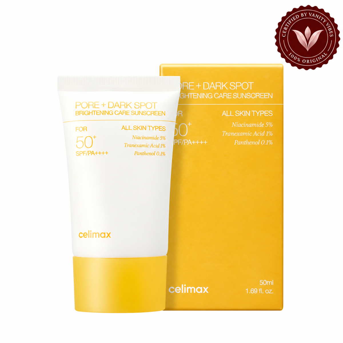 Celimax Pore + Dark Spot Brightening Care Sunscreen SPF50+ PA++++ 50ml — alternate product image with Vanity Vibes seal
