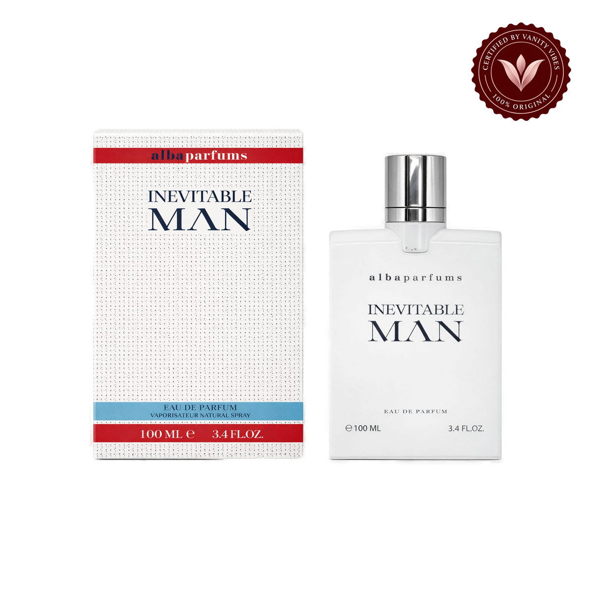 Alba Inevitable Man; bottle and box, transparent background, Vanity Vibes badge