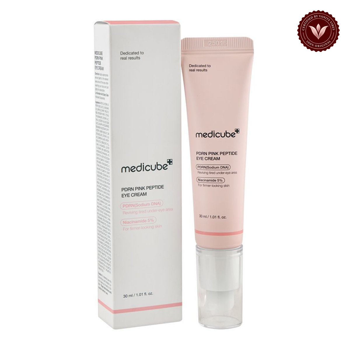 Medicube PDRN Pink Peptide Eye Cream 30ml product photo on a white background with the Vanity Vibes seal at upper right