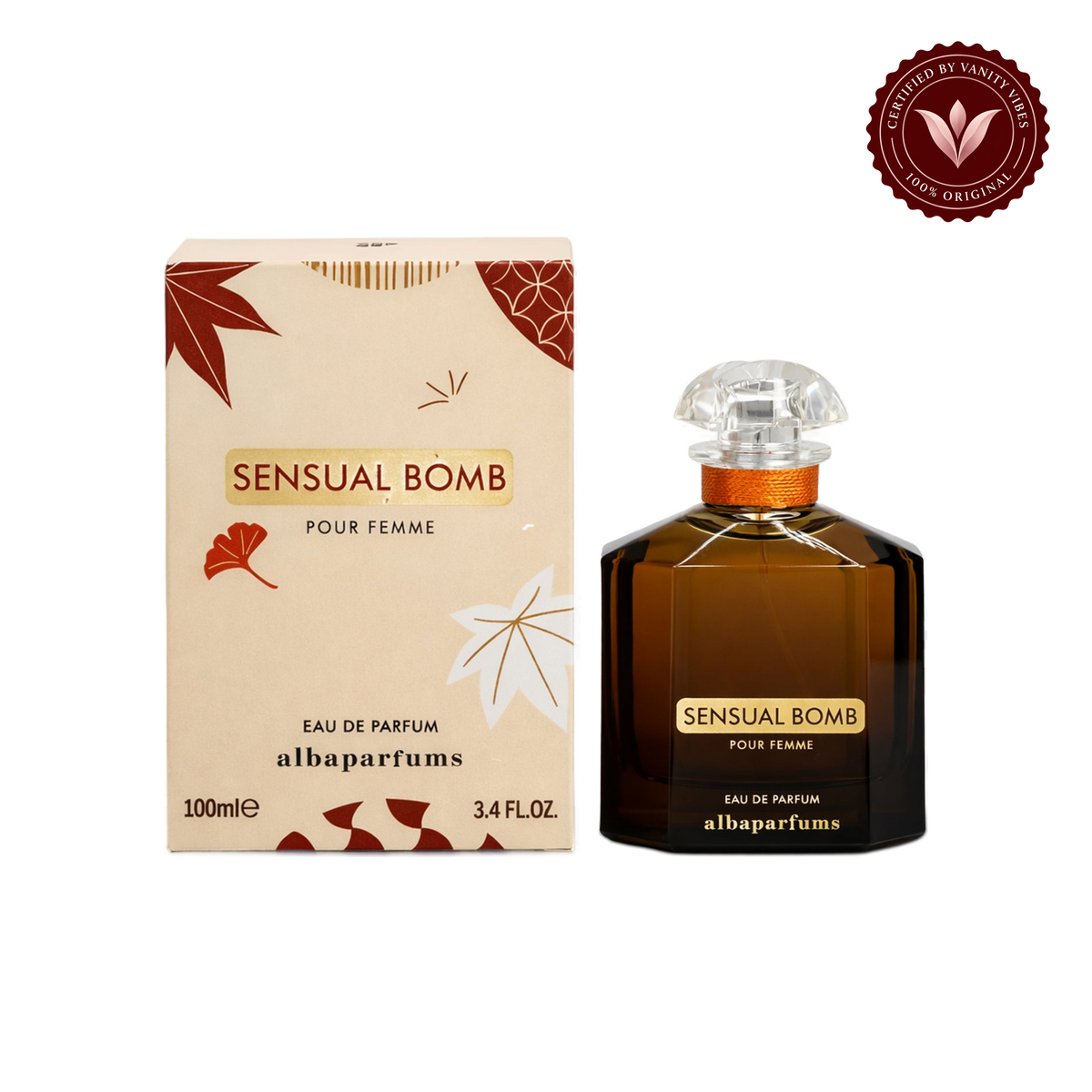 Alba Sensual Bomb; bottle and box, transparent background, Vanity Vibes badge