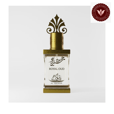 Al Qamar Royal Oud 12ml bottle with Vanity Vibes badge