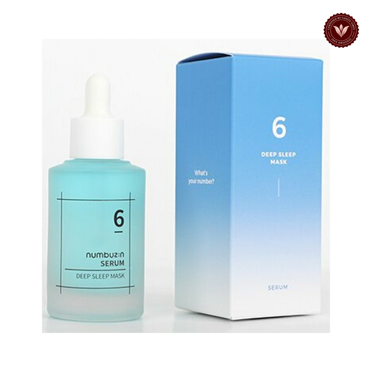 Numbuzin No.6 Deep Sleep Mask Serum 50ml bottle with box on white and Vanity Vibes badge