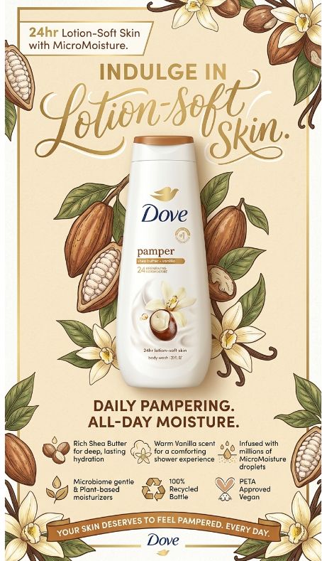 Dove, Pamper Body Wash, Shea Butter + Vanilla, 20 fl oz-591ml
