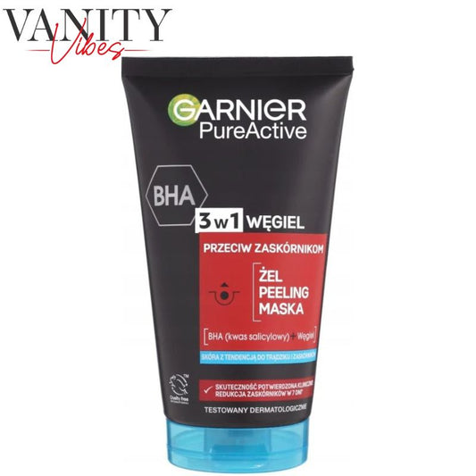 Garnier Pure Active 3-in-1 Cleansing Gel, Scrub & Mask with Activated Charcoal 150ml Anti-Blackheads & Deep Cleansing