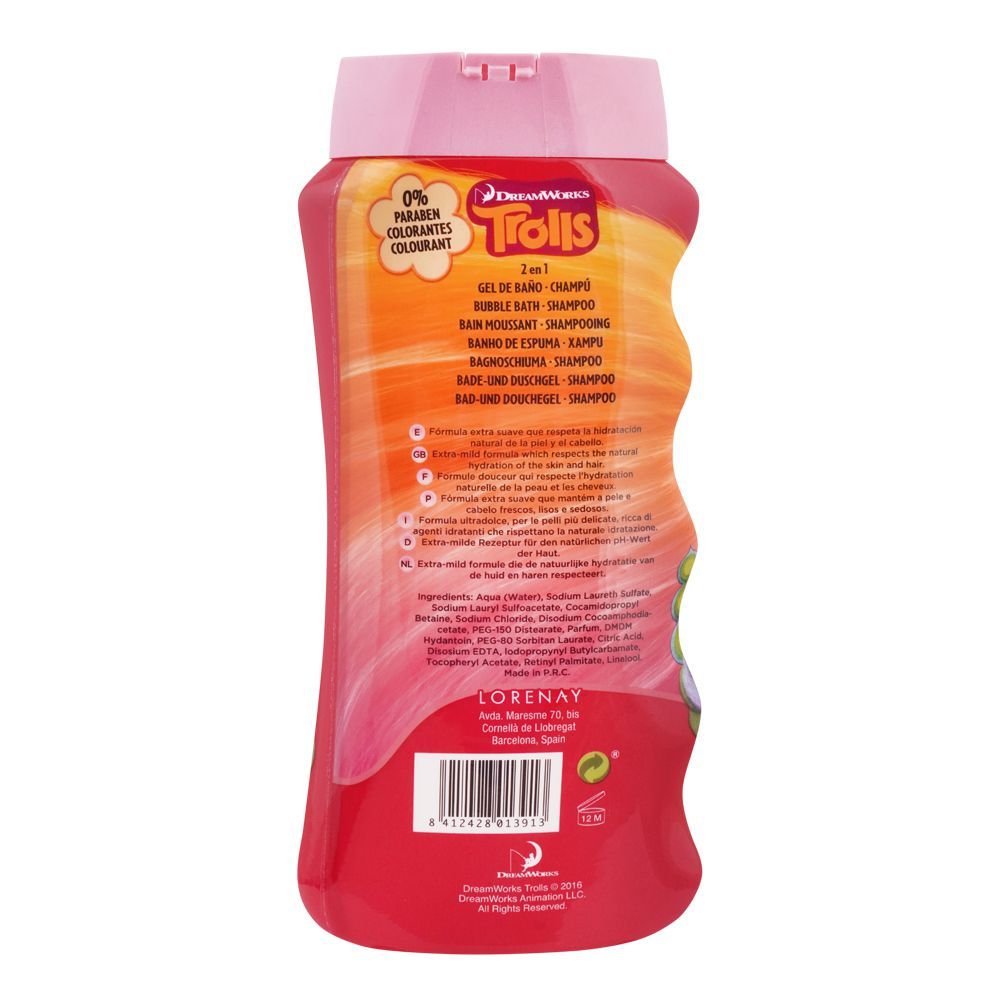 Lorenay Trolls 2-in-1 Bubble Bath & Shampoo 475ml - Gentle Kids Hair & Body Wash for Soft Cleansing, Tear-Free Formula, Fun B