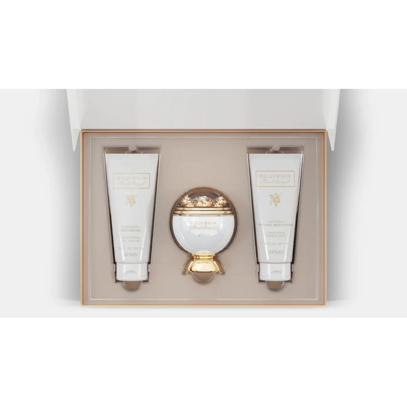 Afnan Souvenir Floral Bouquet Gift Set, EDP 100ml / Shower gel 100ml / Natural Body Lotion 100ml