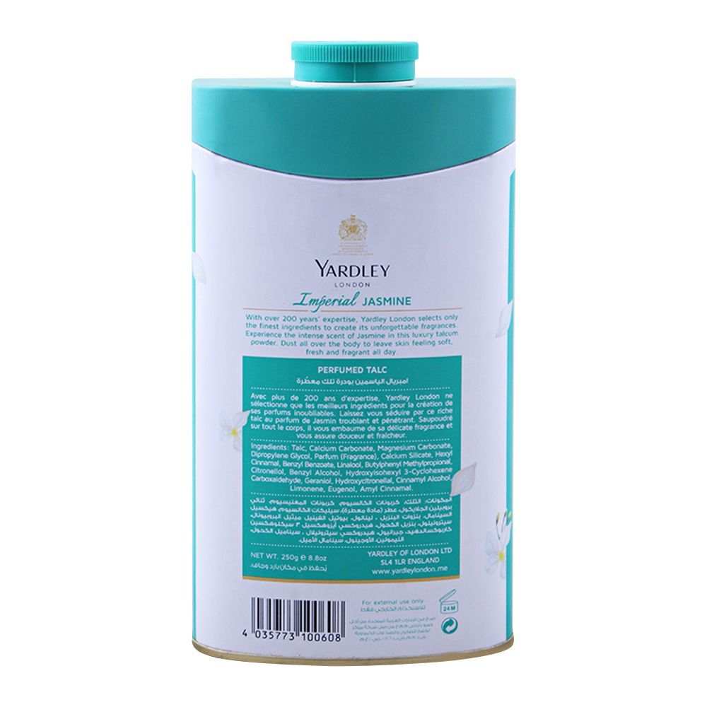 Yardley London Imperial Jasmine Perfumed Talcum Powder 250g - Luxury Floral Jasmine Fragrance Body Talc for Long Lasting Fres
