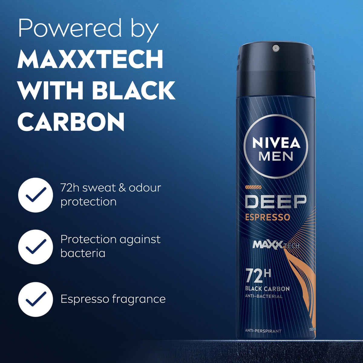 Nivea Men Deep Espresso 72H Black Carbon Anti-Bacterial Spray 150ml