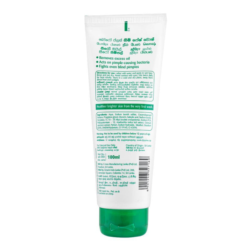 Emami BoroPlus Neem Face Wash 100ml - Natural Herbal Deep Cleansing Face Wash for Oil Control, Acne Care & Fresh Clear Skin f