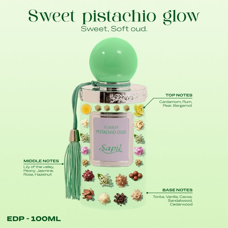 Sapil Yummy Pistachio Oud Eau de Parfum for Men & Women 100ml - Long Lasting Sweet Gourmand Oud Fragrance Perfume with Nutty 