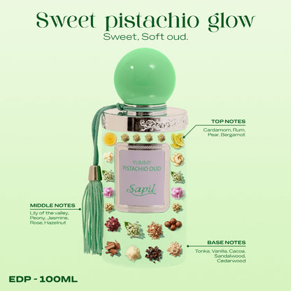 Sapil Yummy Pistachio Oud Eau de Parfum for Men & Women 100ml - Long Lasting Sweet Gourmand Oud Fragrance Perfume with Nutty 