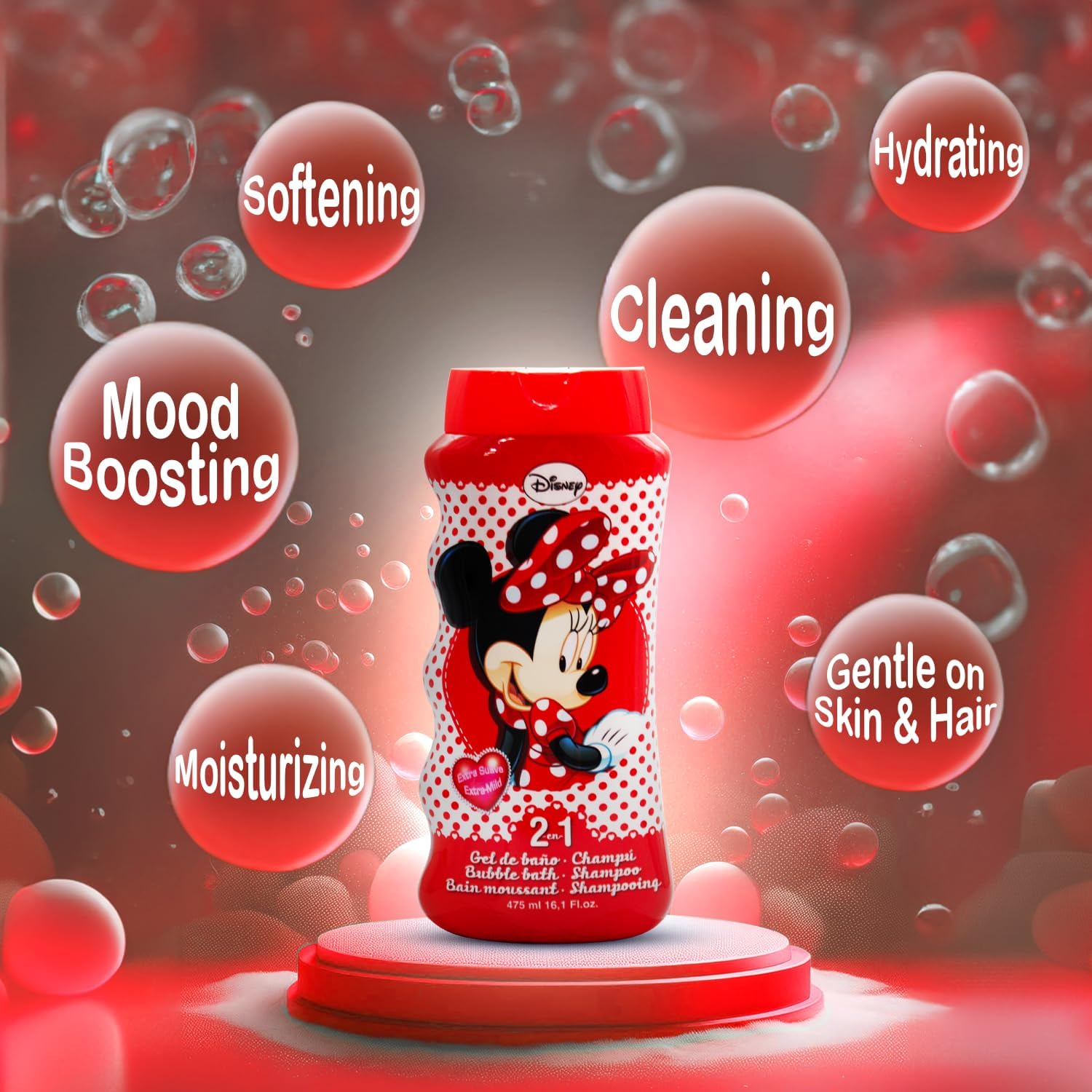 Lorenay Disney Minnie 2-in-1 Bubble Bath & Shampoo 475ml - Gentle Kids Hair & Body Wash for Soft Cleansing, Tear-Free Formula