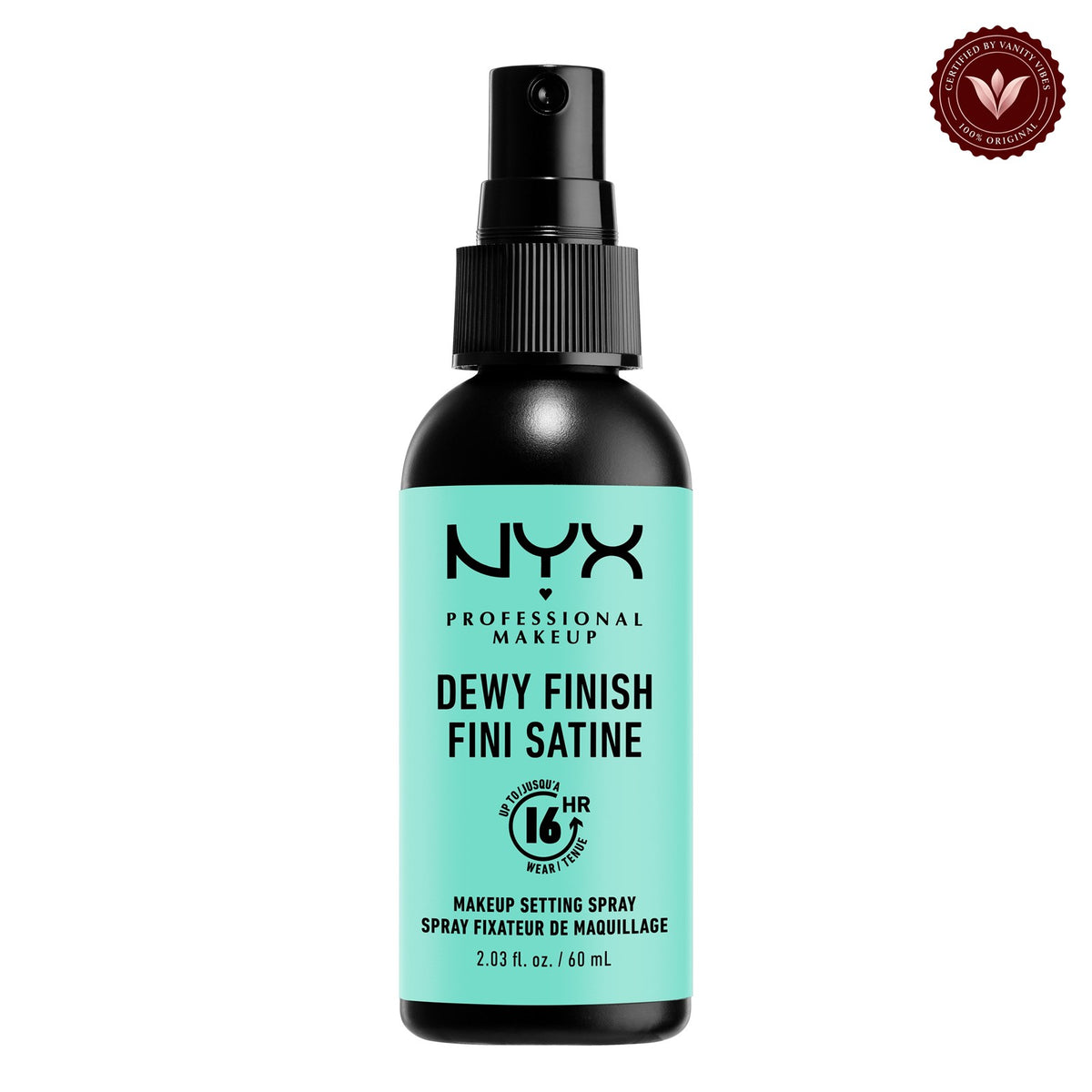 NYX Professional Makeup Dewy Finish Setting Spray 60ml front product photo with Vanity Vibes badge