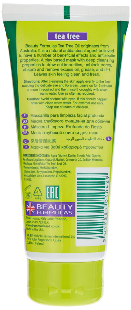 Beauty Formulas Tea Tree Facial Mask 100ml – Deep Cleansing Face Mask for Oil Control, Acne Care, Pore Purifying & Fresh Clea
