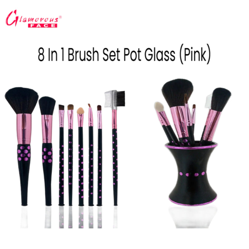 Glamorous Face 8 in 1 Brush Sets Pot Glass (Pink)