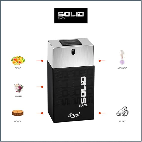 Sapil Solid Black Eau de Toilette for Men 100ml - Long Lasting Masculine Perfume with Strong Woody Oriental Fragrance for Dai
