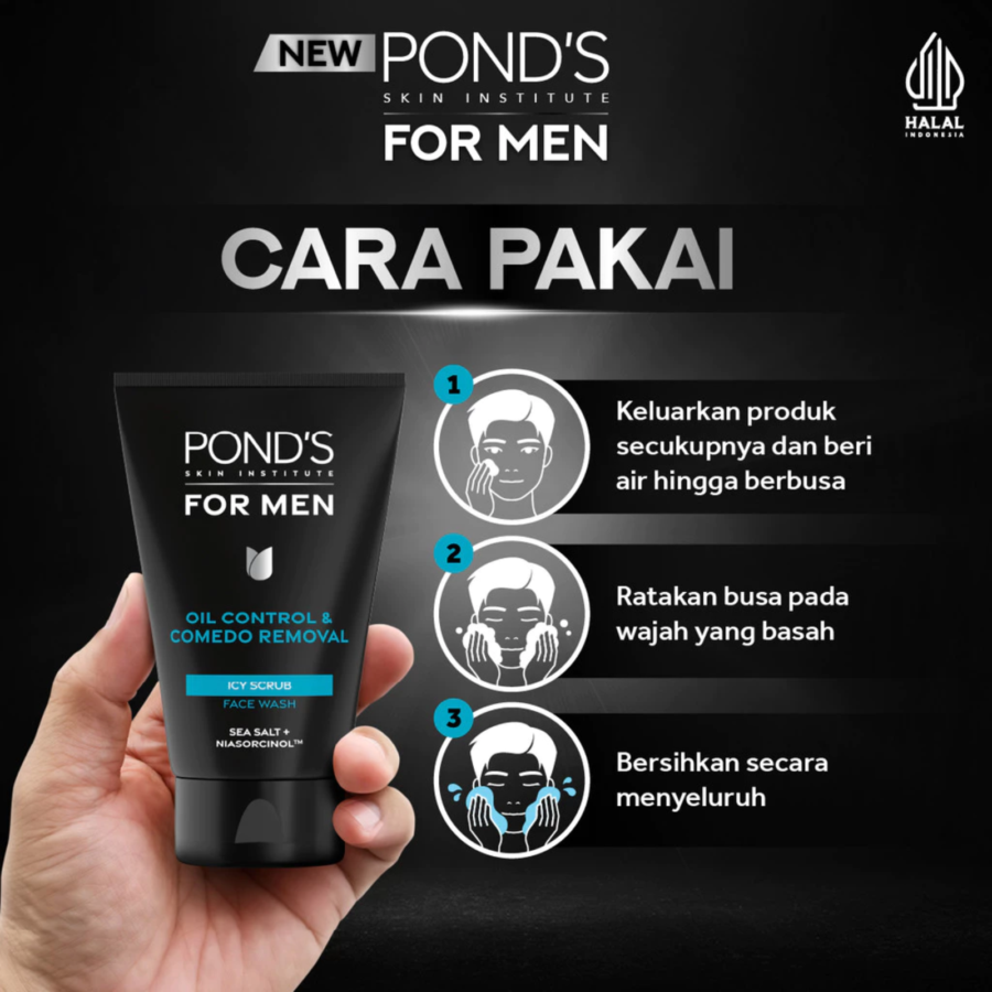 PONDS Pond’s Men Oil Control & Comedo Removal Icy Scrub Face Wash 100g - With Sea Salt & Niasorcinol for Clear, Refreshed Ski