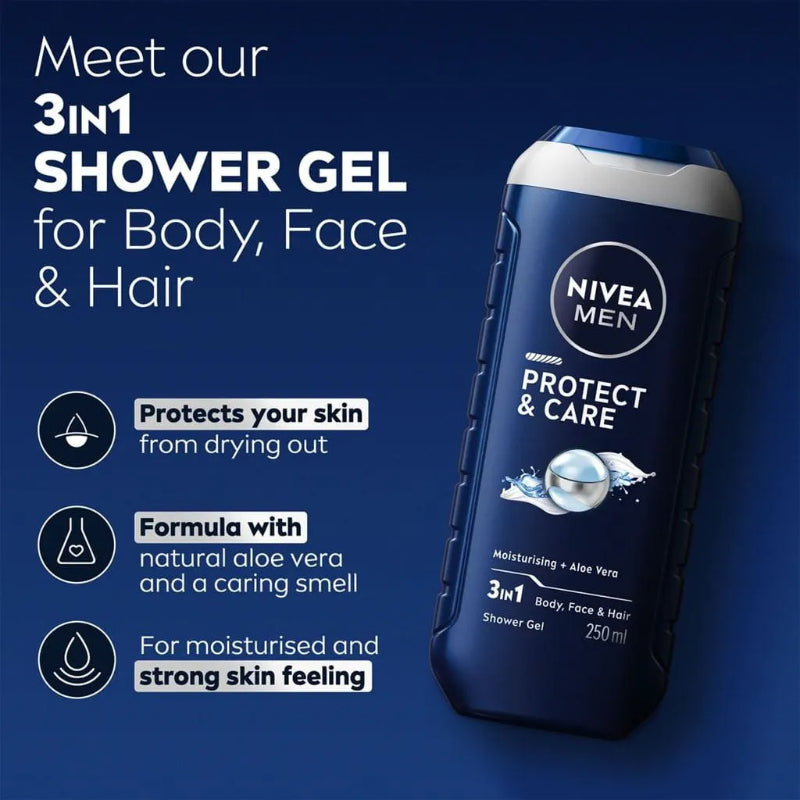 Nivea Men Protect & Care 24H Fresh Effect 3-In-1 Shower Gel For Body, Face & Hair 250ml