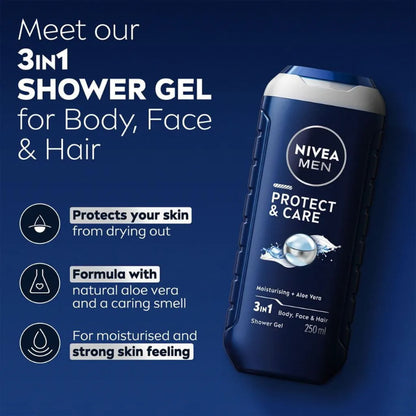 Nivea Men Protect & Care 24H Fresh Effect 3-In-1 Shower Gel For Body, Face & Hair 250ml