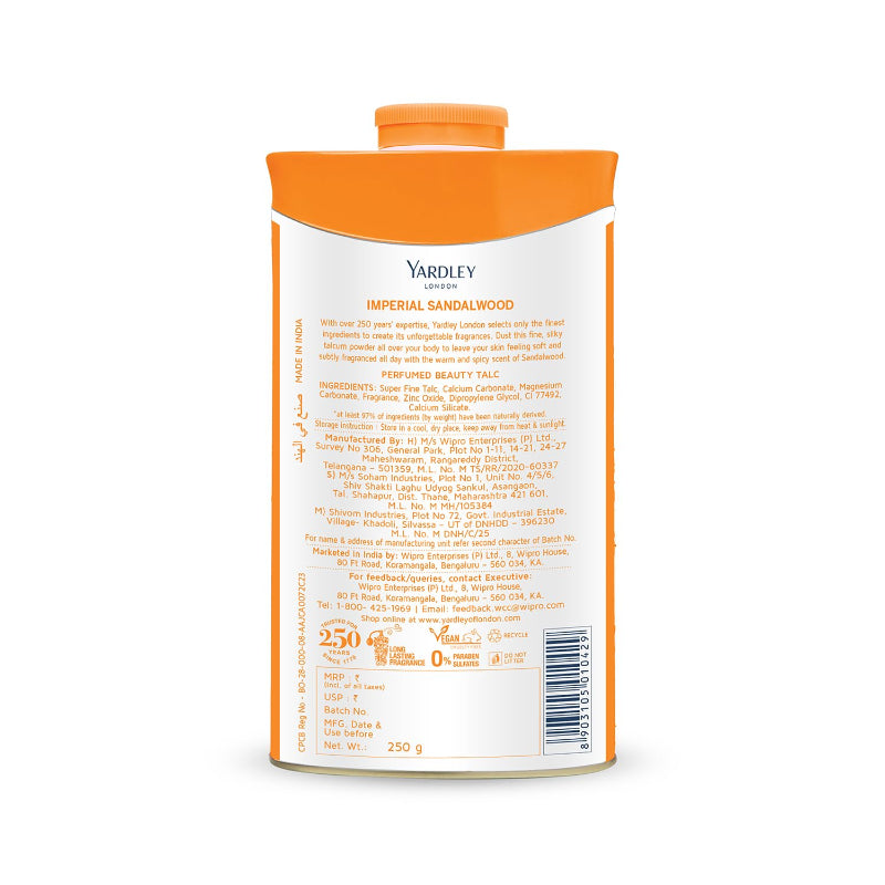 Yardley London Imperial Sandalwood Perfumed Talcum Powder 250g - Premium Fragrance Collection, Long Lasting Woody Floral Scen