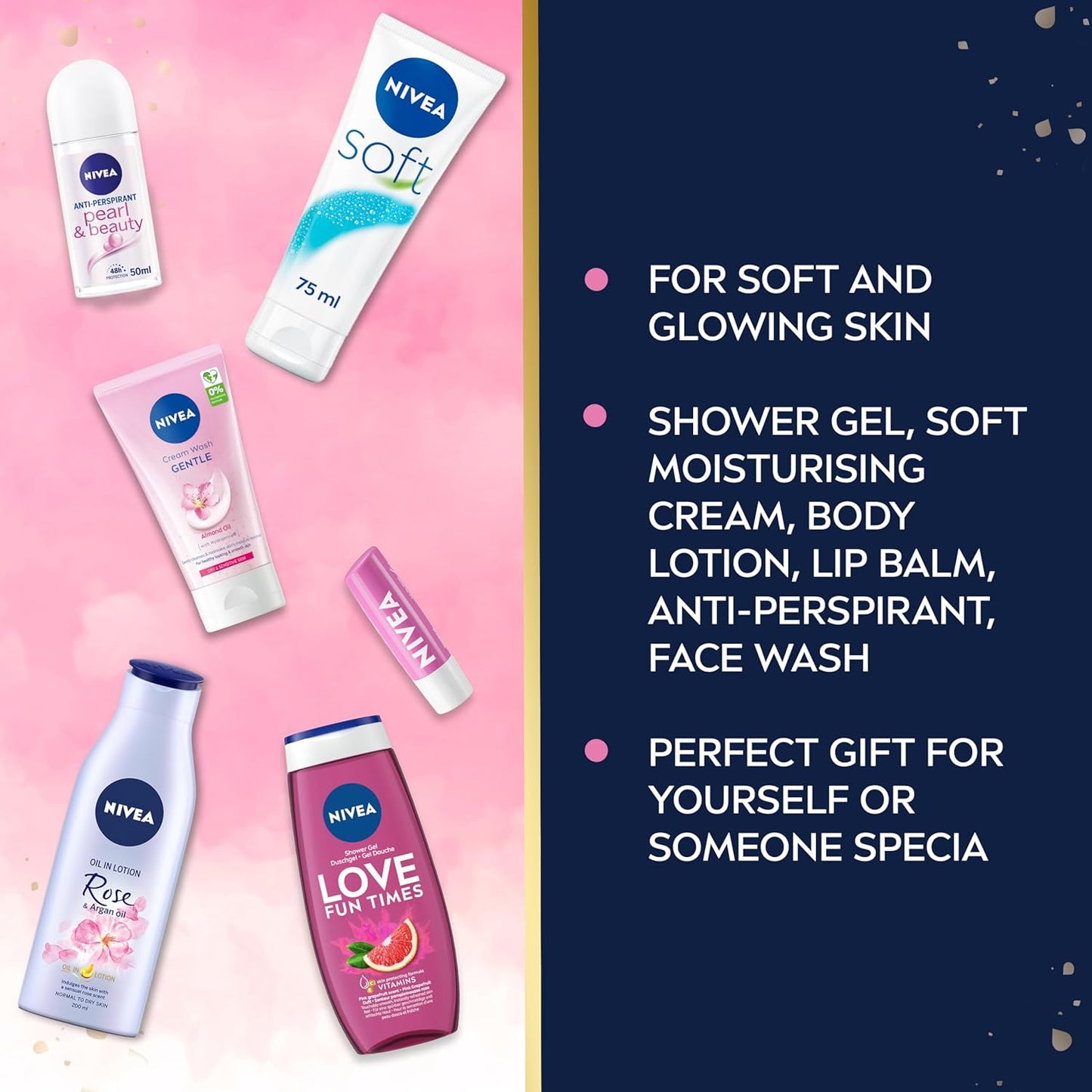 Nivea Pamper Me With Care Women’s Gift Set 6-Piece Shower Gel, Moisturising Cream, Body Lotion, Lip Balm, Roll-On & Cream Was