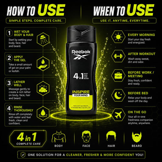Reebok Men 4-in-1 Inspire Your Mind Shower Gel 400ml - All-in-One Hair, Face & Body Wash for Deep Cleansing, Long Lasting Fre