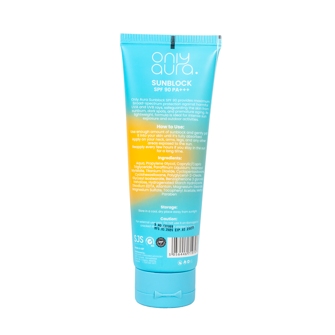 Only Aura Sun Block SPF90 50ml - Ultra High Protection Sunscreen for Strong UVA/UVB Defense, Sunburn Prevention, Skin Hydrati