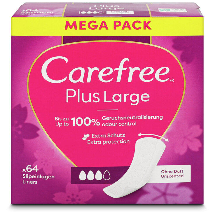 Carefree Mega Pack Plus Large Panty liners 64pcs - Unscented 100% Odour Control Daily Liners for Extra Protection, Comfort Fi