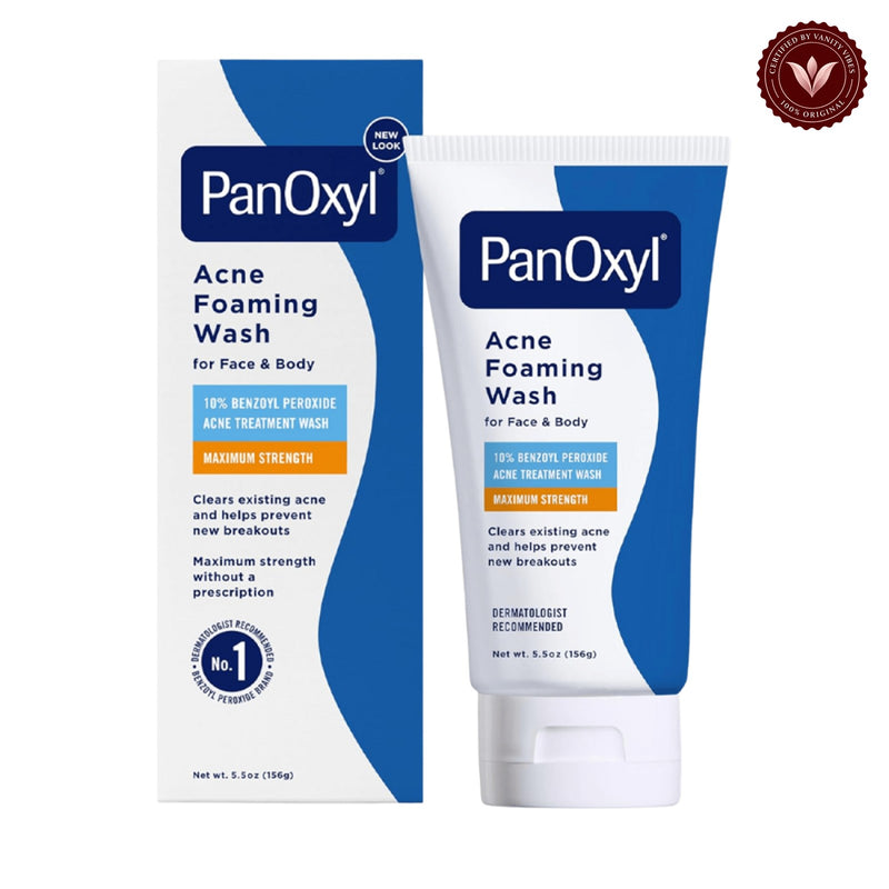 PanOxyl Acne Foaming Wash 10% Benzoyl Peroxide 156g front product photo with Vanity Vibes badge