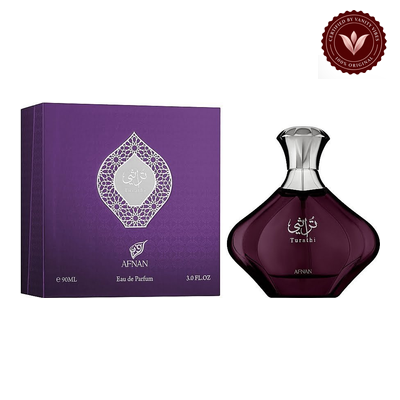 Afnan Turathi Purple 90ml box and bottle with Vanity Vibes badge