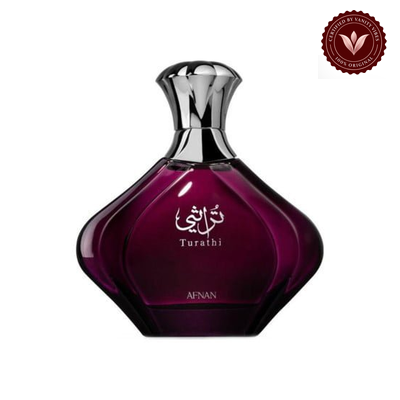 Afnan Turathi Purple 90ml bottle with Vanity Vibes badge