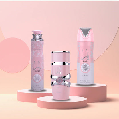 Lattafa Yara 3 Pcs Gift Set With 100ml Perfume Edp + 200ml Deo + 300ml Air Freshner