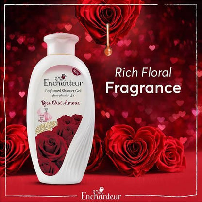 Enchanteur Rose Oud Amour Perfumed Shower Gel 250ml - Deep Cleansing Moisturizing Body Wash with Long Lasting Floral Oud Frag