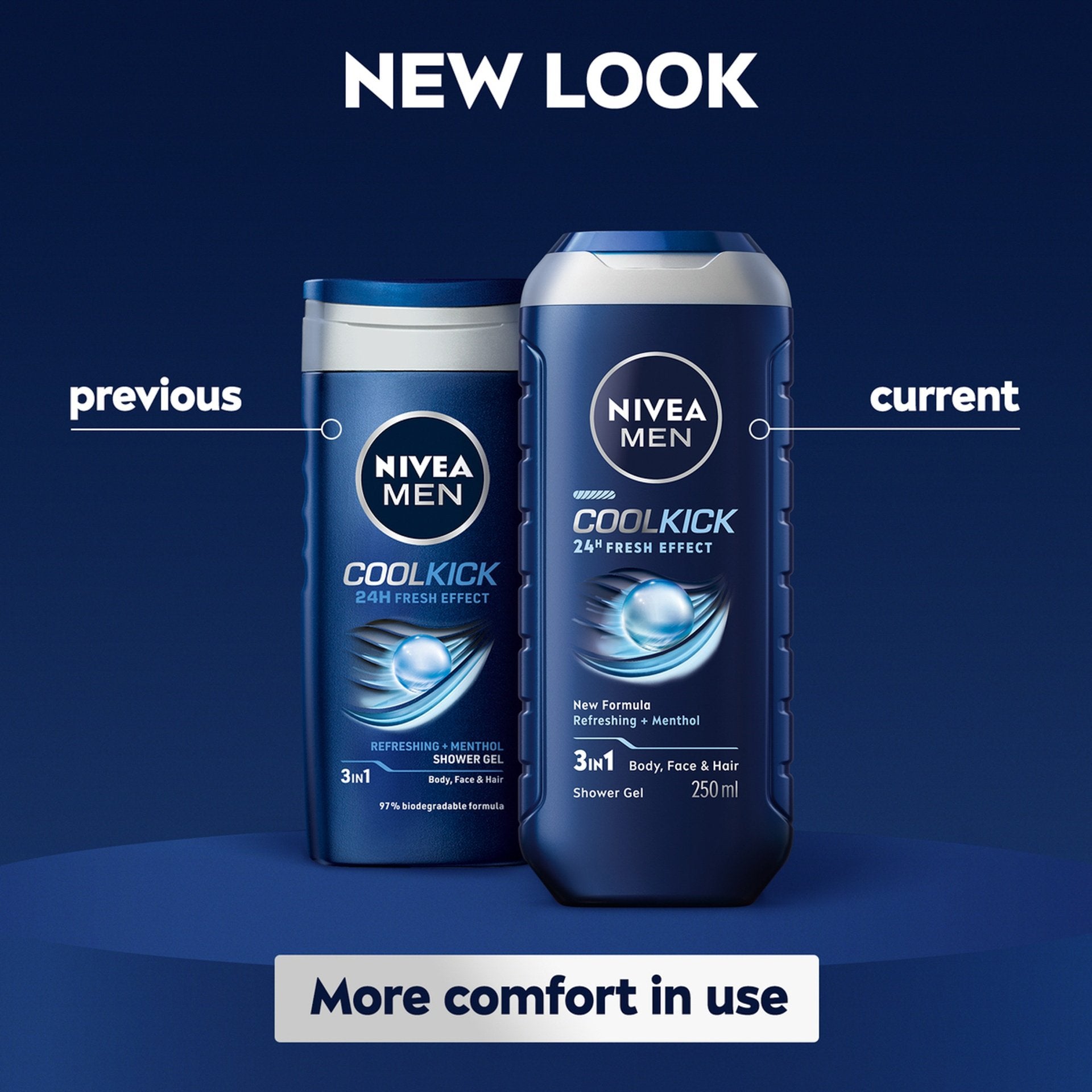 Nivea Men Cool Kick 24H Fresh Effect 3-In-1 Shower Gel For Body, Face & Hair 250ml