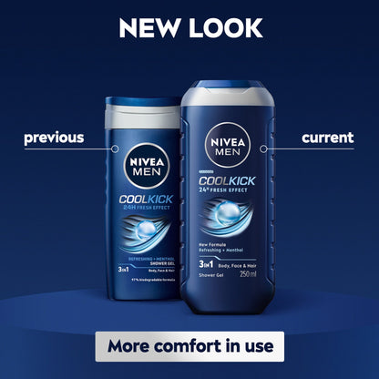 Nivea Men Cool Kick 24H Fresh Effect 3-In-1 Shower Gel For Body, Face & Hair 250ml