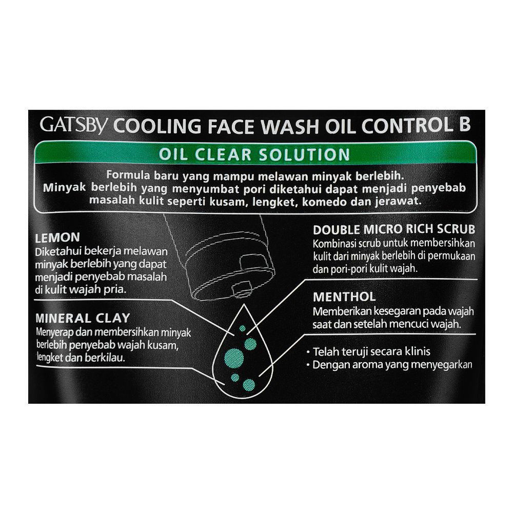 Gatsby Oil Clear Solution Oil Control Clay + Lemon Cooling Face Wash 100g - Deep Cleansing Anti Oil Face Wash for Men Fresh C