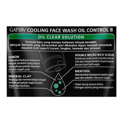 Gatsby Oil Clear Solution Oil Control Clay + Lemon Cooling Face Wash 100g - Deep Cleansing Anti Oil Face Wash for Men Fresh C