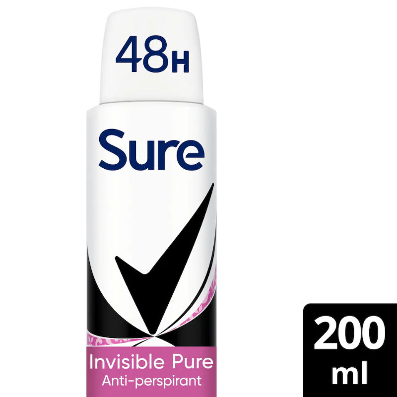 Sure Women Invisible Pure 48H Antiperspirant Deodorant Spray 200ml Long-Lasting Odor & Sweat Protection