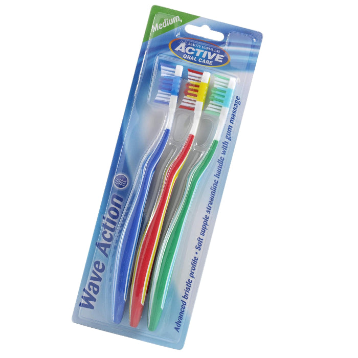 Beauty Formulas Active Oral Care Wave Action Toothbrush Medium (1 Pack - 3 Pcs) - Deep Cleaning Bristles for Plaque Removal &