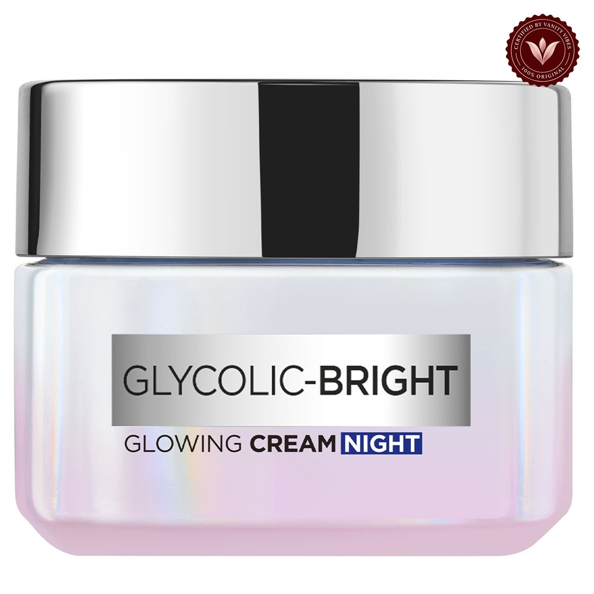 L’Oréal Paris Glycolic-Bright Glowing Night Cream 50ml front product photo with Vanity Vibes badge