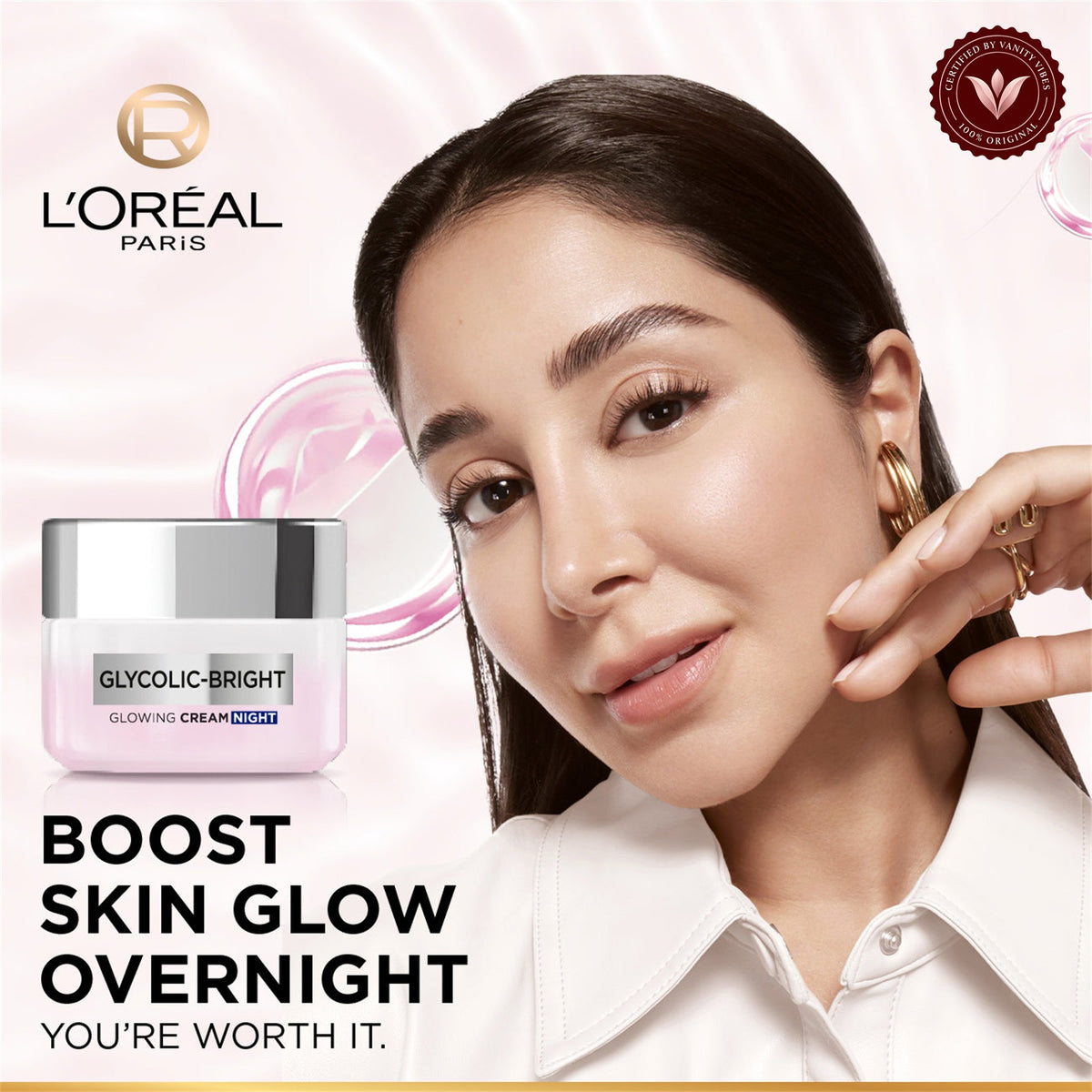 L’Oréal Paris Glycolic-Bright Glowing Night Cream 50ml additional product photo with Vanity Vibes badge