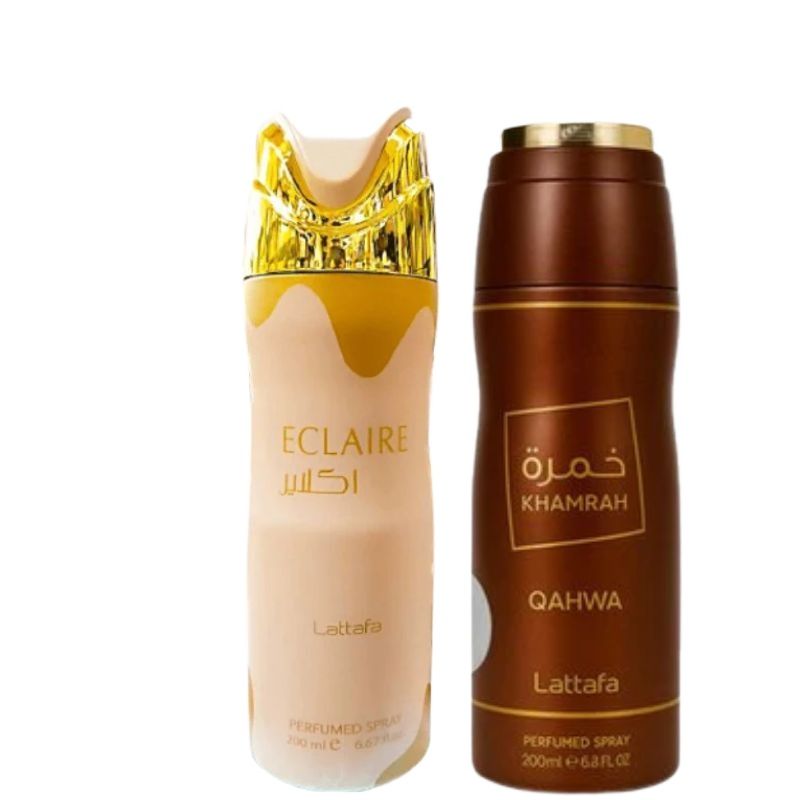 Eclaire Deodorant Spray 200ml + Khamrah Qahwa Deodorant Spray 200ml by Lattafa (Pack of 2)