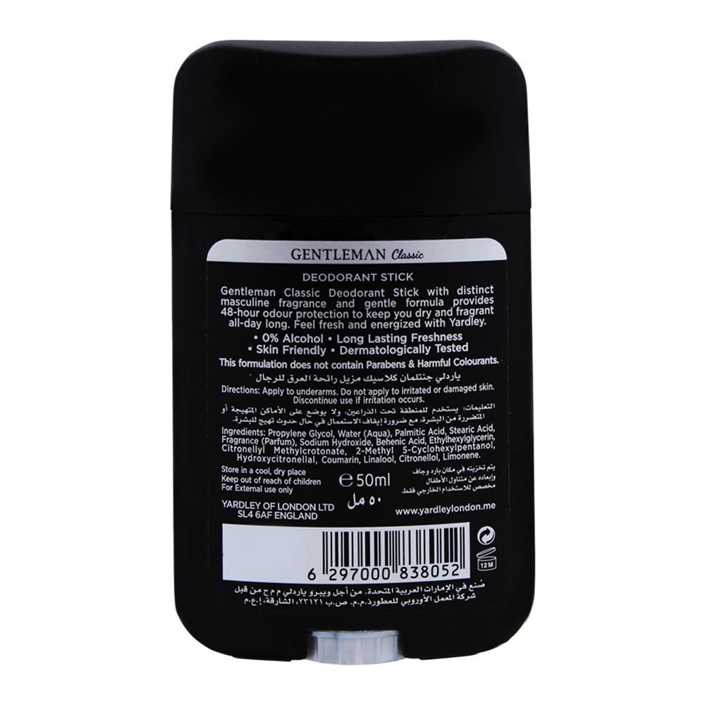 Yardley Gentleman Classic Deodorant Stick 50ml - Long Lasting Fresh Masculine Fragrance Antiperspirant for Men