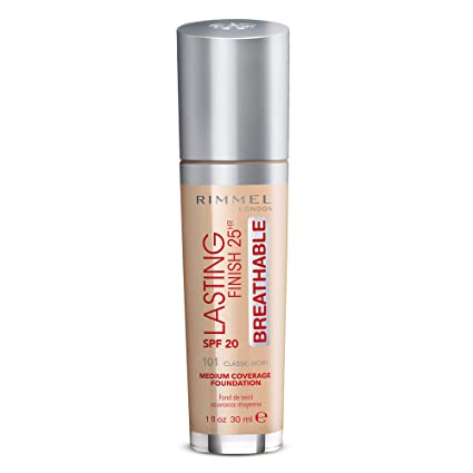 Rimmel London Lasting Finish Breathable Foundation, SPF 20, 101 Classic Ivory, 30ml
