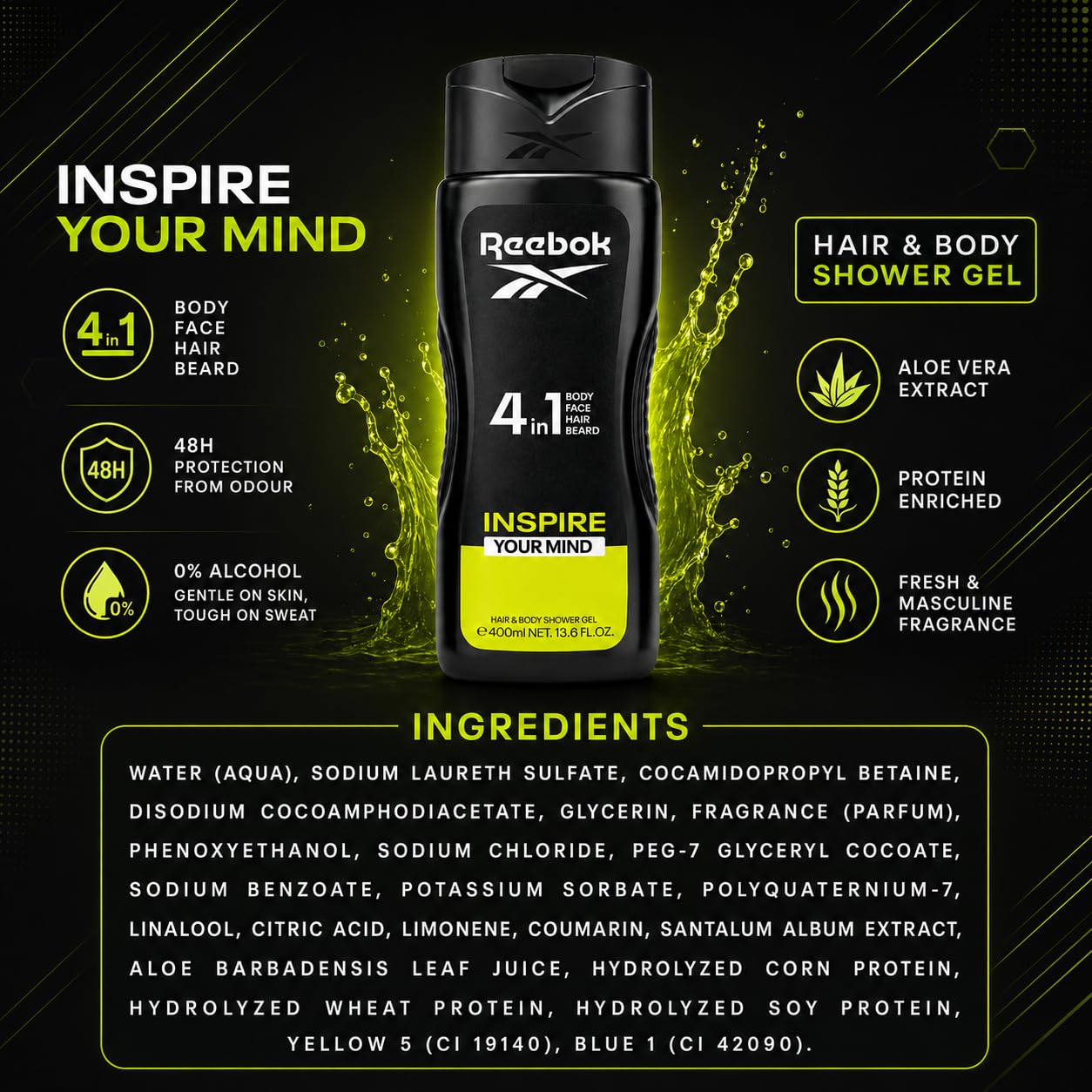 Reebok Men 4-in-1 Inspire Your Mind Shower Gel 400ml - All-in-One Hair, Face & Body Wash for Deep Cleansing, Long Lasting Fre